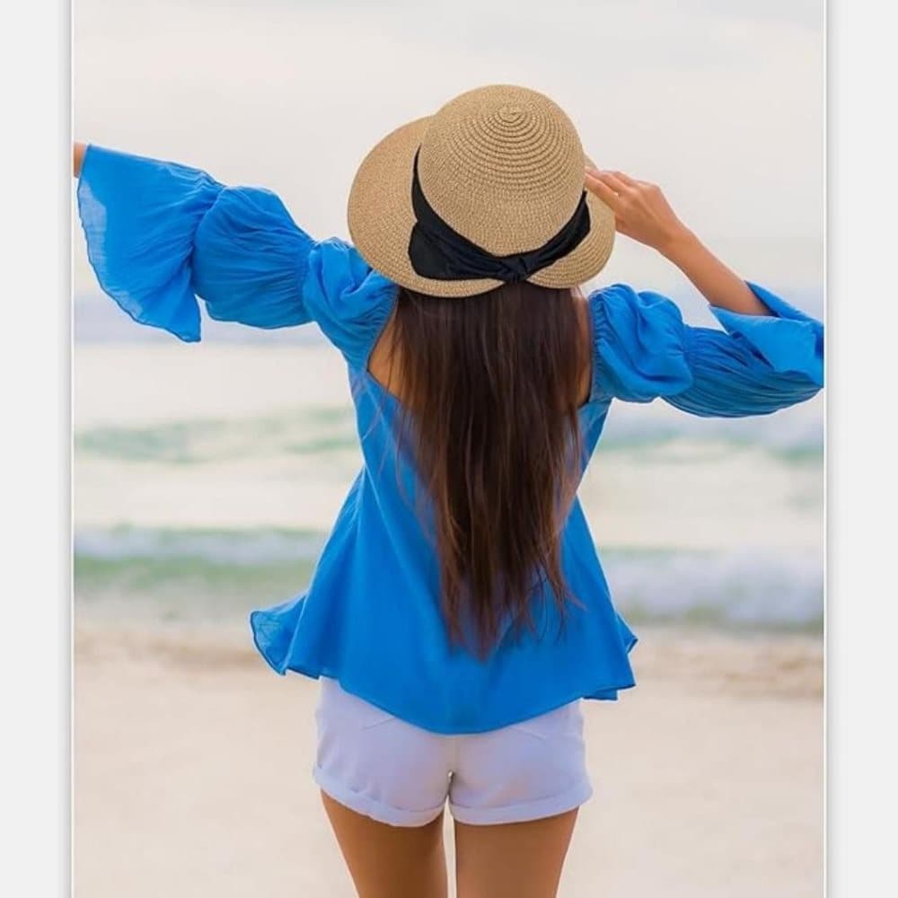 UV Protective Straw Beach Hat Wide Brim Foldable Breathable for Summer Outdoor, White — image 5
