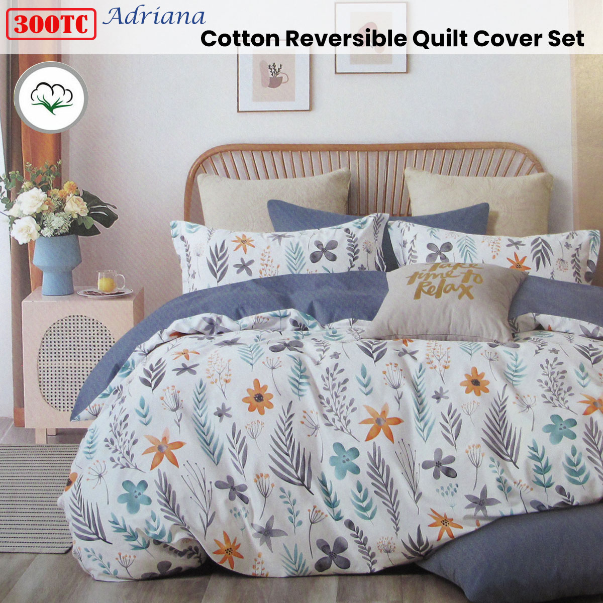 300TC Adriana Reversible Cotton Quilt Cover Set Queen โ image 2