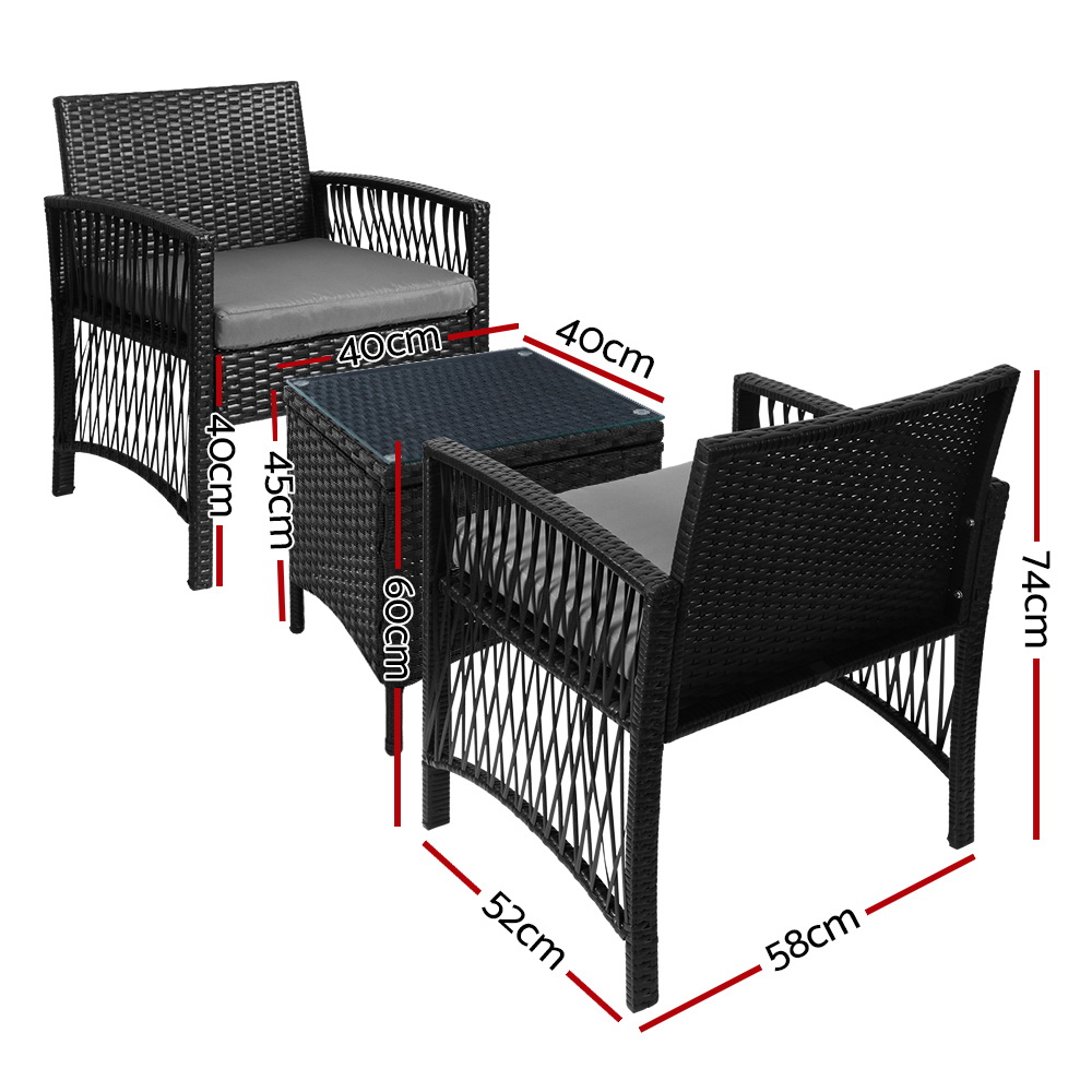 Gardeon 3PC Outdoor Bistro Set Patio Furniture Wicker Dining Chairs Table Cushion Black โ image 2