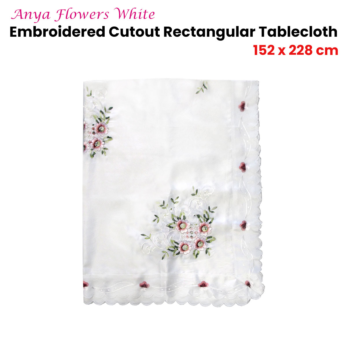 Anya Flowers White Embroidered Cutout Rectangular Tablecloth 152 × 228 cm — image 2