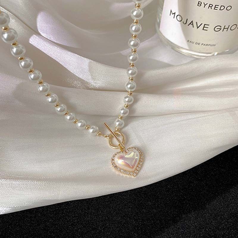 Temperamental Pearl Necklace for Women Clavicle Chain Heart-shaped Pendant Necklace Super Fairy Chokers Necklace โ image 5