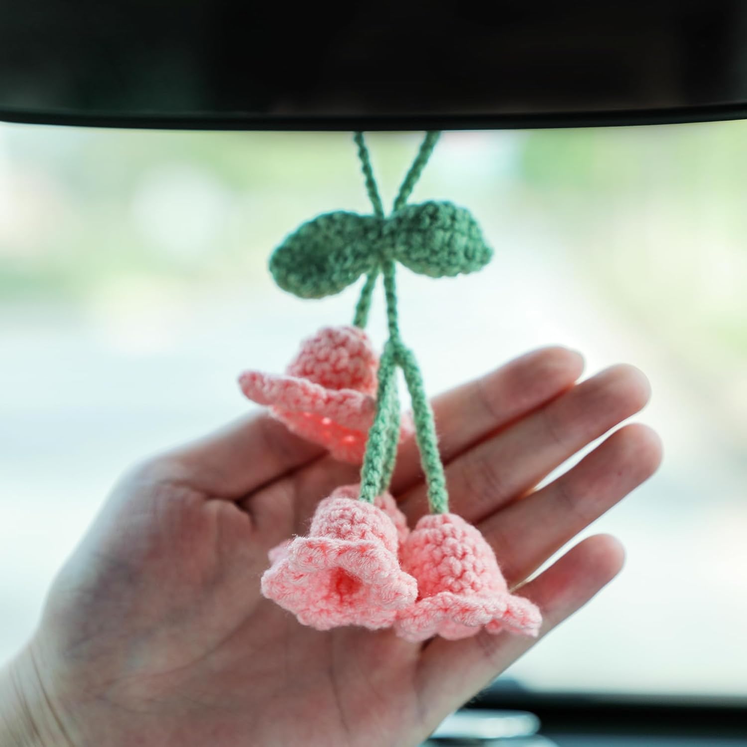 Lily Flower Hand Knitted Car Mirror Suspension Accessories, Rearview Mirror Accessories Car Decoration for Men and Women(Pink) — image 4