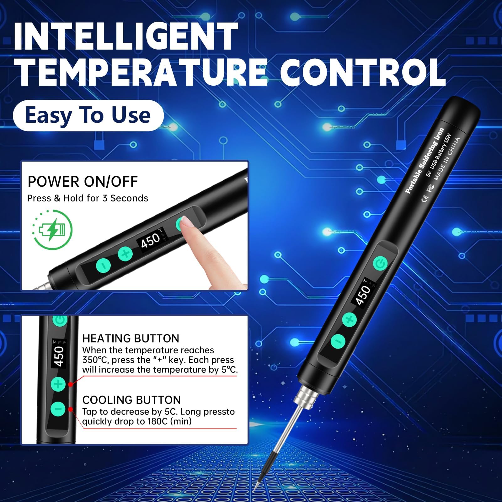 Portable USB-C Soldering Iron Kit – 15W Wireless Electric Soldering Pen with LCD Display, Adjustable Temp 180°C–450°C, 1100mAh Battery, Type-C Charging — image 5
