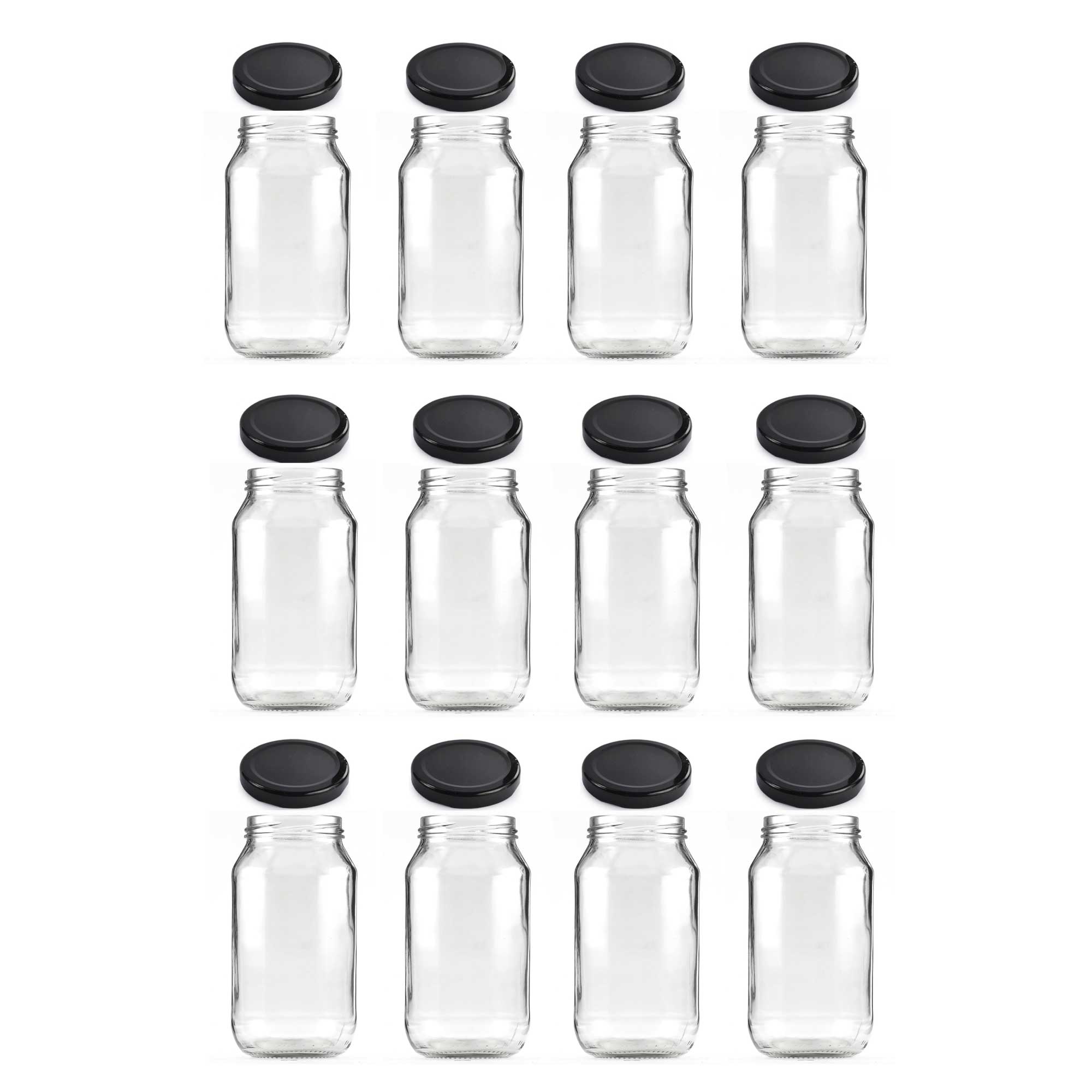 12 × 500ml Flint Glass Jars + Twist Lids - Round Food Storage Preserving Jar