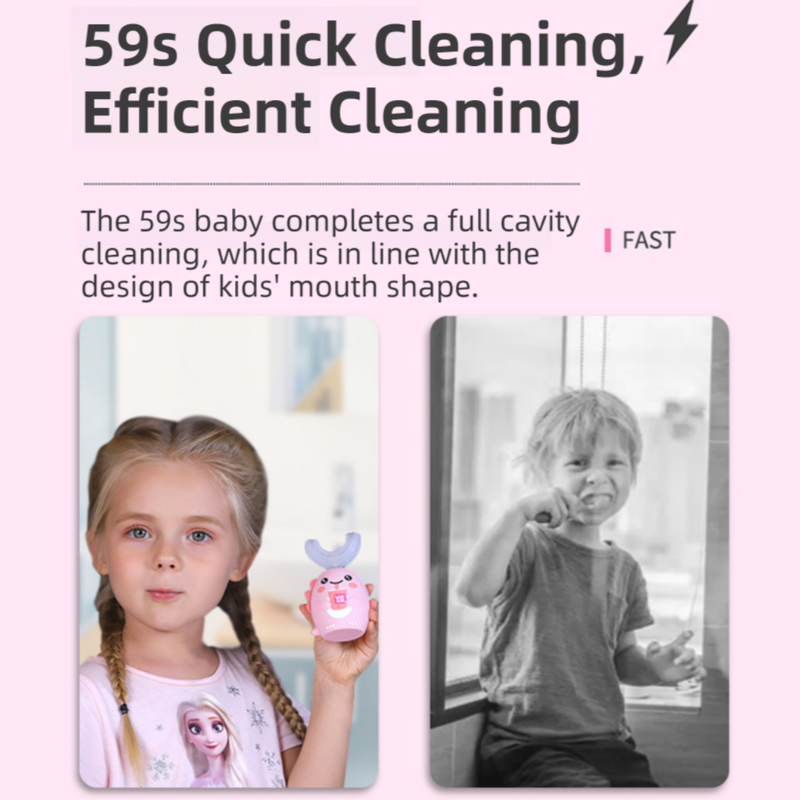 K18 Pink Raccoon 360° U-Shaped Electric Toothbrush Set for Children 2-6 Years Old - Silicone Soft Bristle Oral Cleaner with 6 Modes & 3 Small Brush Heads — image 6