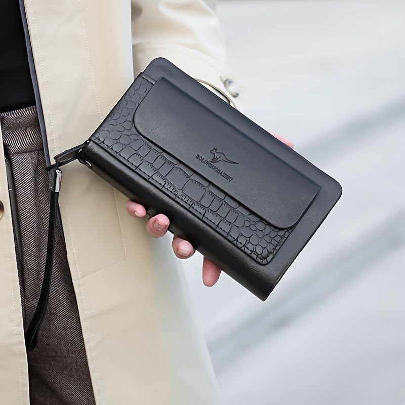 men's business clutch, double zipper handbag, large capacity phone bag, men's accessories, leather clutch bag, business travel wallet, minimalist clutch — image 6