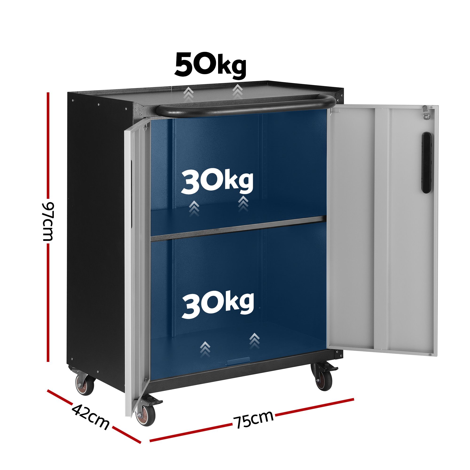 Giantz Rolling Tool Cabinet Heavy-Duty Storage Cabinet Adjustable Shelf Black and Grey — image 2
