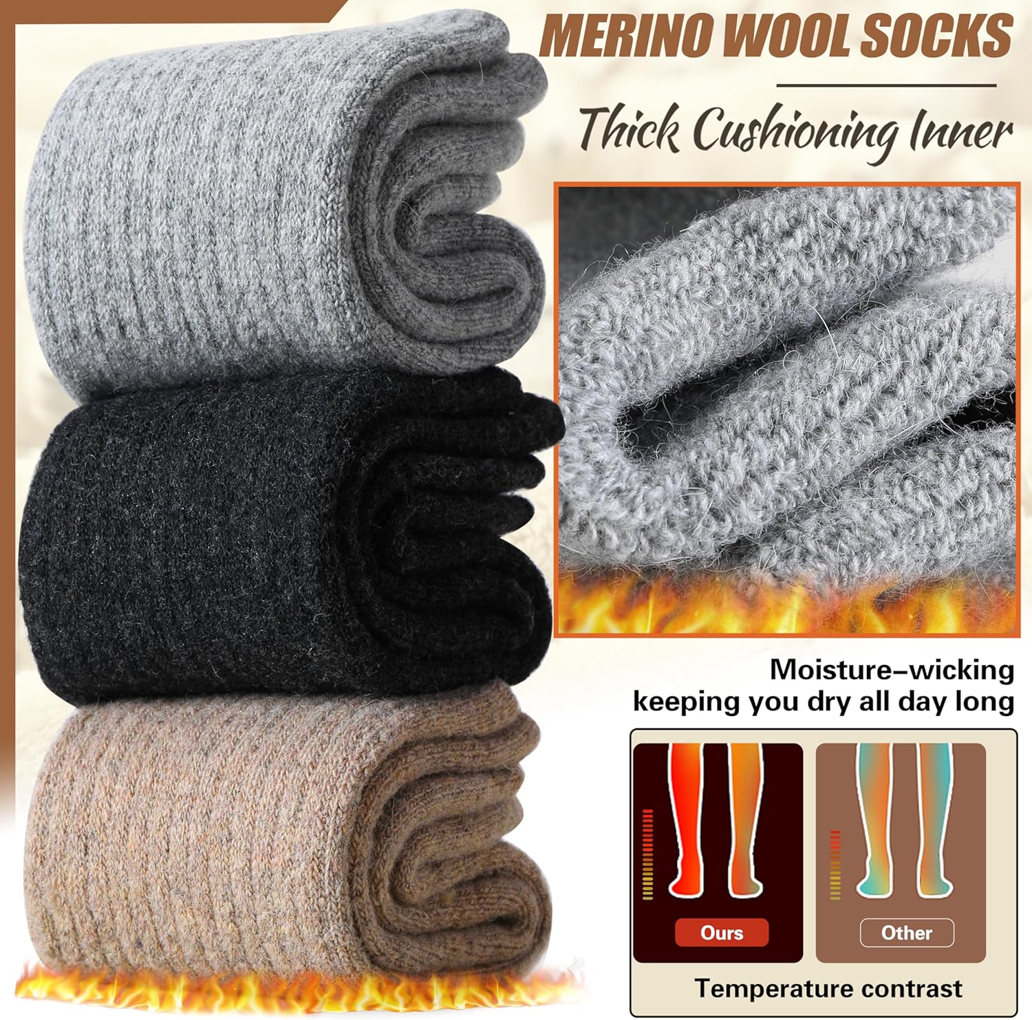 Merino Wool Socks for Women Hiking Thermal Warm Winter Thick Boot Cozy Crew Comfy Work Socks for Ladies 5 Pairs — image 2