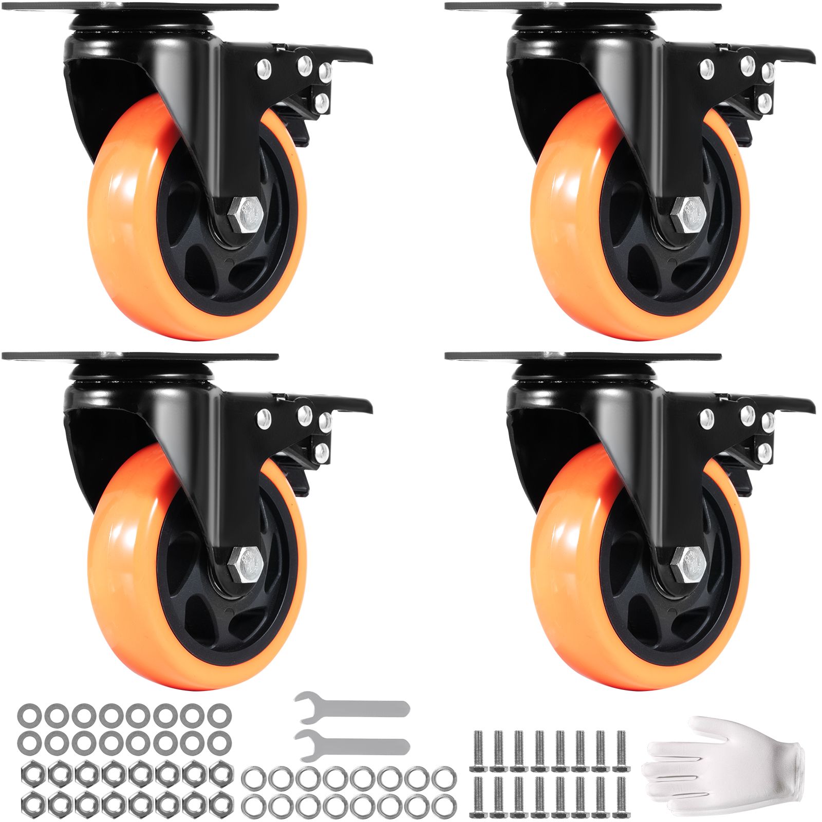 Caster Wheels, 101.6 mm Swivel Plate Casters, Set of 4, with Security A/B Locking No Noise PVC Wheels, Heavy Duty 159 kg Load Capacity Per Caster, Non-Marking