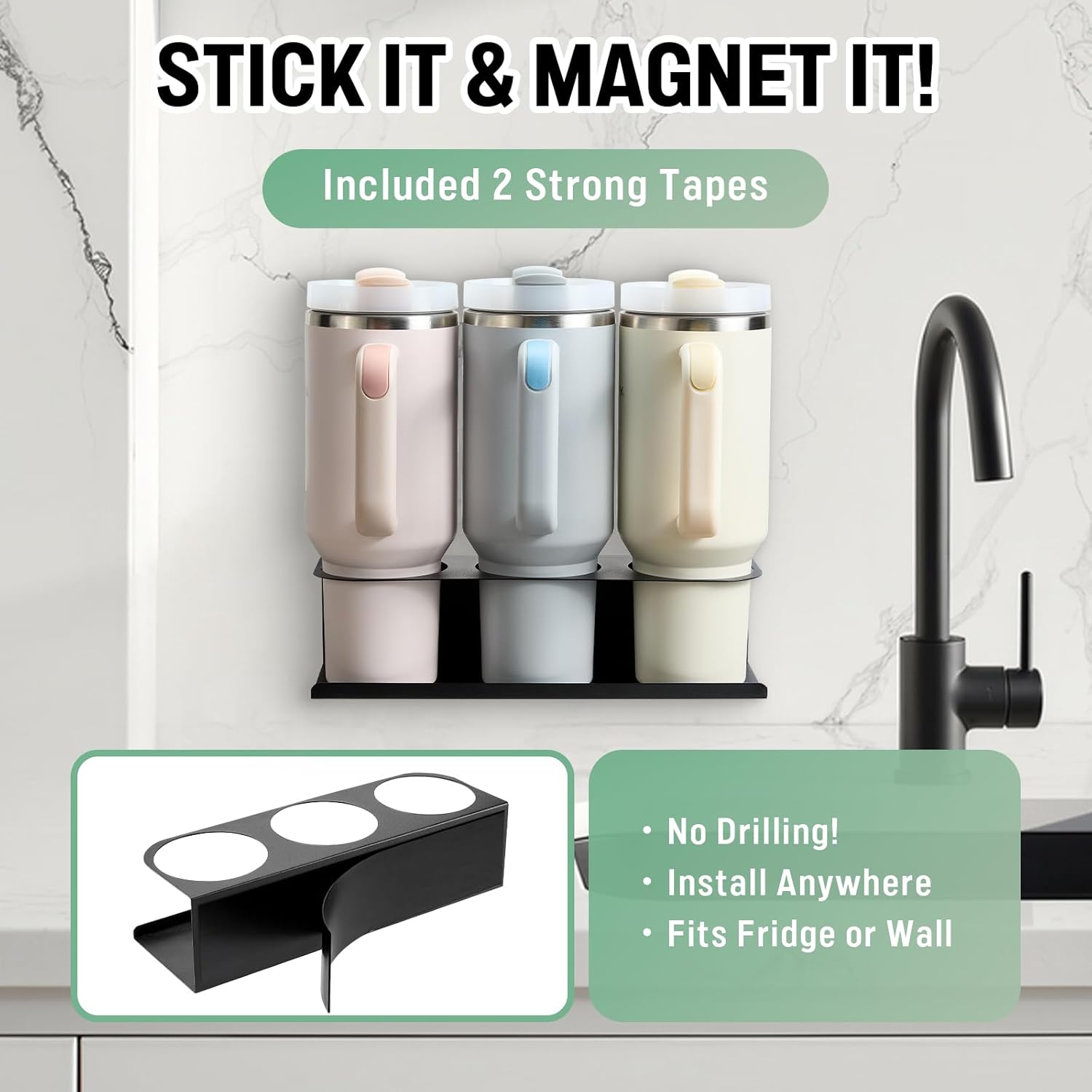 2 Pack Magnetic Stanley Cup Holder Water Bottle Organizer for Stanley 30&40 oz Tumbler with Double Sided Tape Hold Stanley Cup Accessories for Kitchen Fridge — image 4