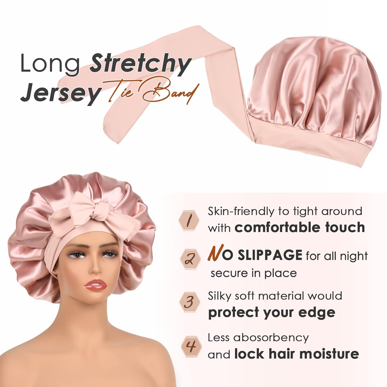 Satin Bonnet Silk Bonnet for Sleep Double Layered Satin Lined Hair Cap with Ties Bonnets for Women Natural Curly Hair Pink — image 4
