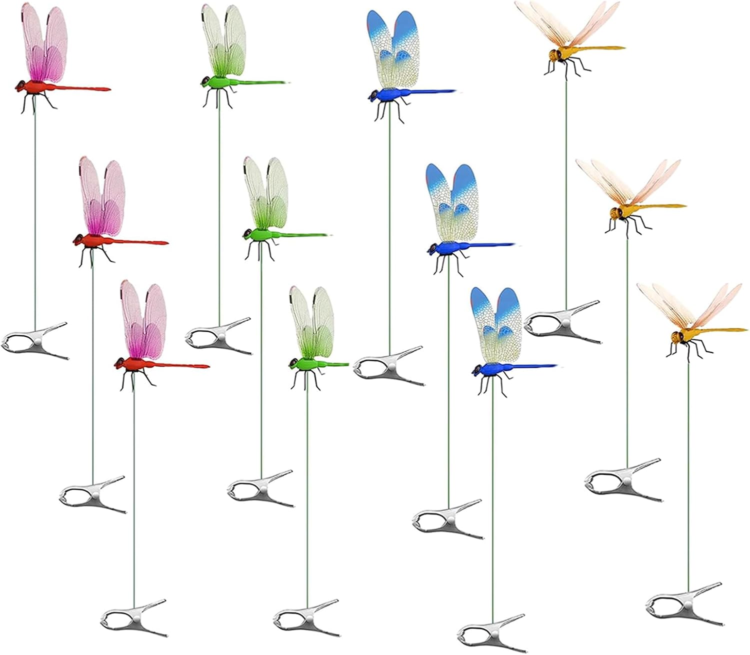 12 Pack Dragonfly Clip,Fake Dragonflies, Humming Bird Stakes Fake, Plastics Dragonfly for Garden Stakes Decor Yard Ornaments for Hat,Deer and Horse,Fly Scare