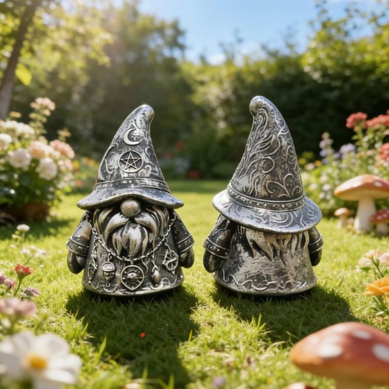 2PCS Antique Silver Gothic Wizard Gnome Figurine Set, Pentagram Moon Wicca Dwarf Resin Statues, Dark Aesthetic Tabletop Decor for Australian Witchy & Bohemian — image 2
