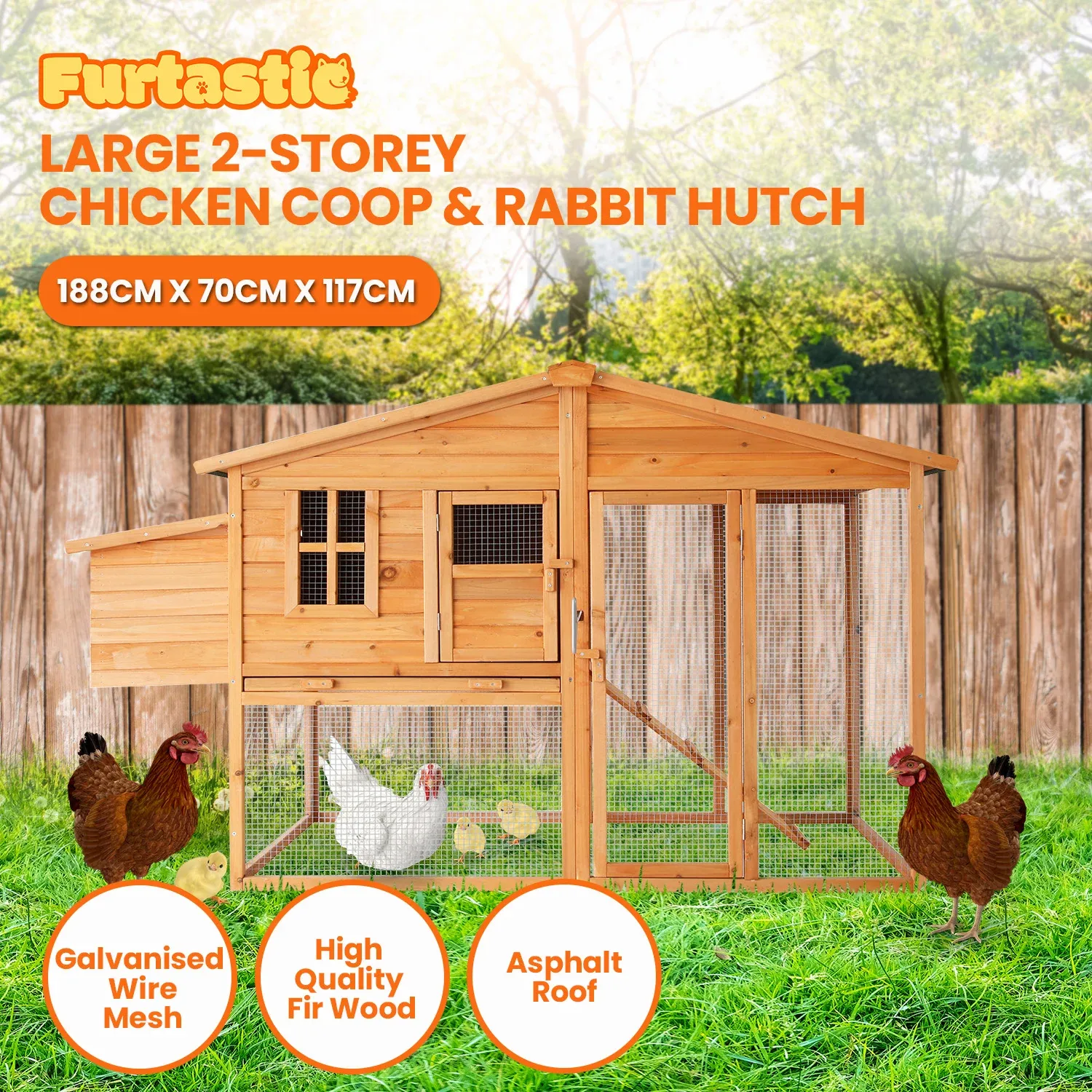 Furtastic Large Wooden Chicken Coop & Rabbit Hutch Outdoor Hen House with Nesting Box Ramp & Removable Tray — image 2