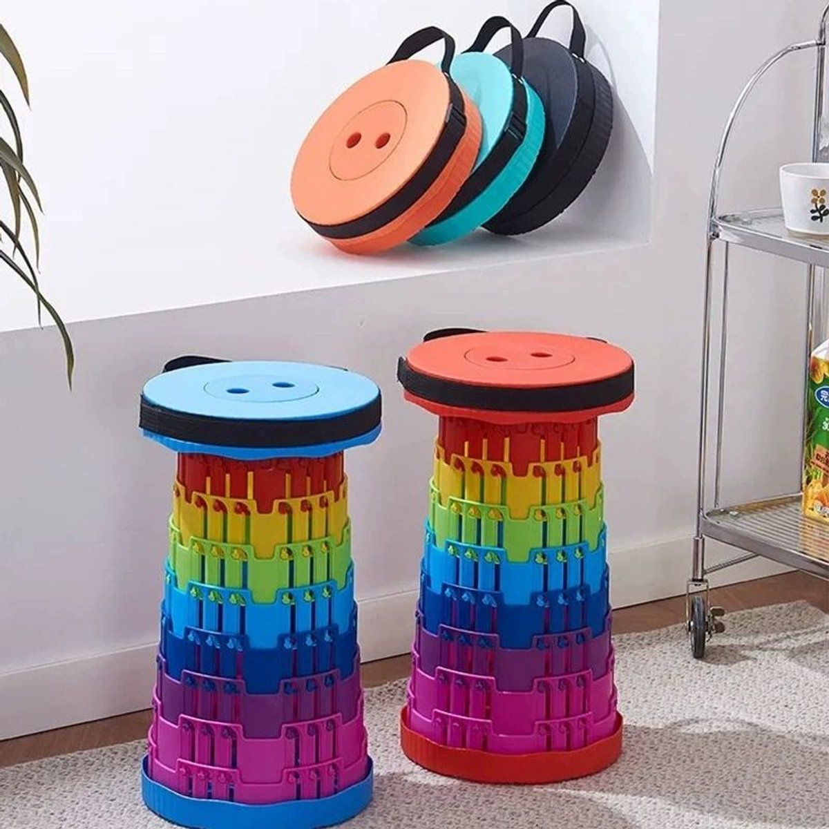 Telescoping Folding Camping Stool With Adjustable Height, 200 kg Capacity, Portable Strap, Rainbow, 6 to 45 cm, 25 cm Diameter โ image 2