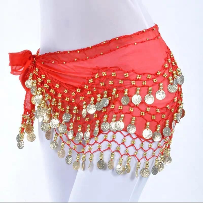 1X 3Rows Belly Dance Dancing Hip Scarf Belt Chain Skirt Golden Tone 98 Coin Bead - Red โ image 6