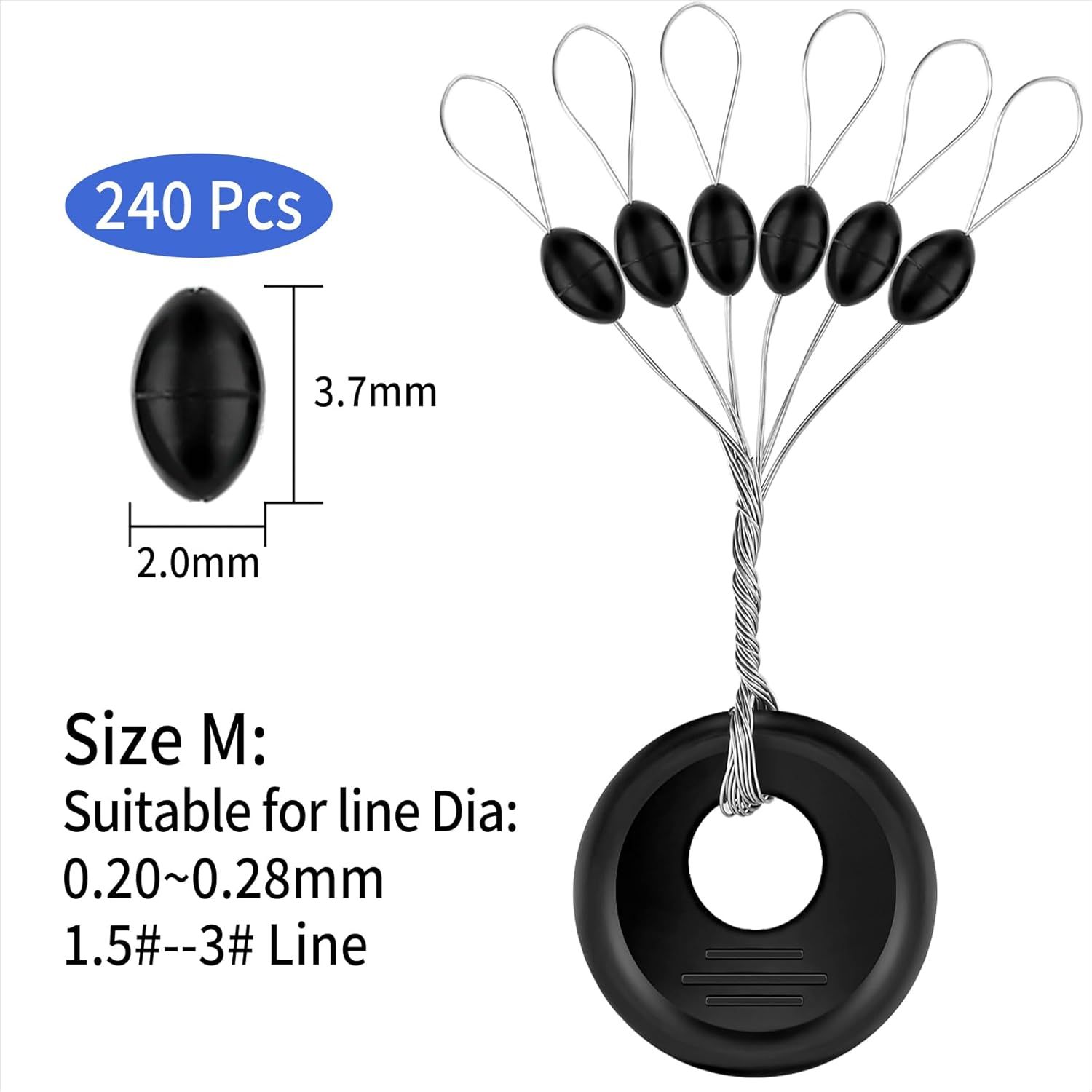 240 Pieces Middle-Sized Fishing Rubber Bobber Beads Stoppers 6 in 1 Black Float Sinker Stops(M) โ image 2