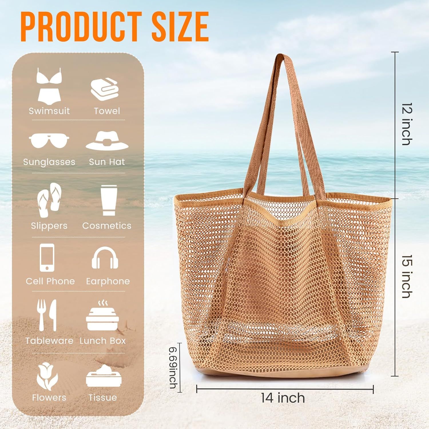 Beach Bags or Women, Summer Travel Mesh Tote Bag with Large Inner Pocket, Sandproo Woven Shoulder Handbag — image 3