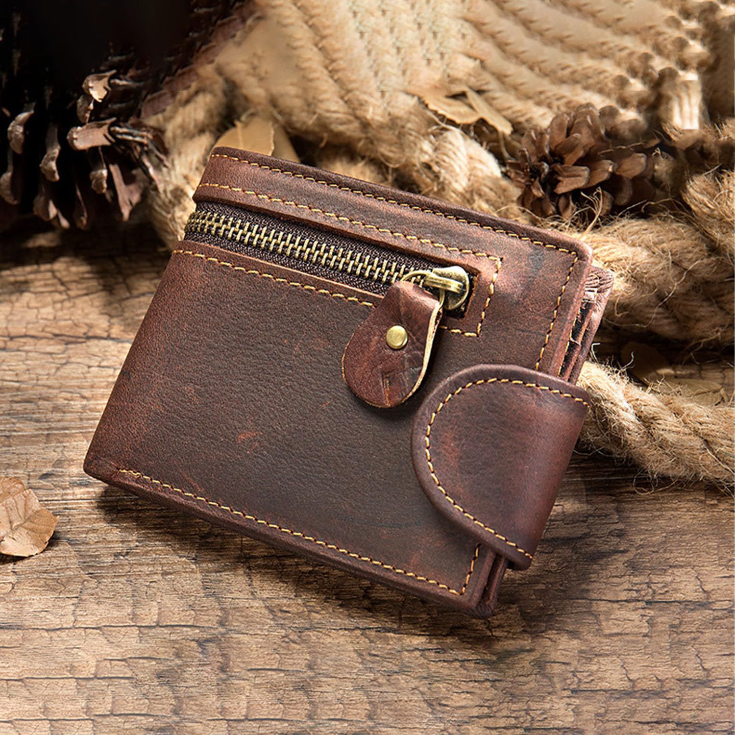 Leather Snap Wallet for Men, Multifunctional Large Capacity Vintage Wallet Bifold Zipper Wallet Men Short Head Cowhide Wallet (Brown) — image 3