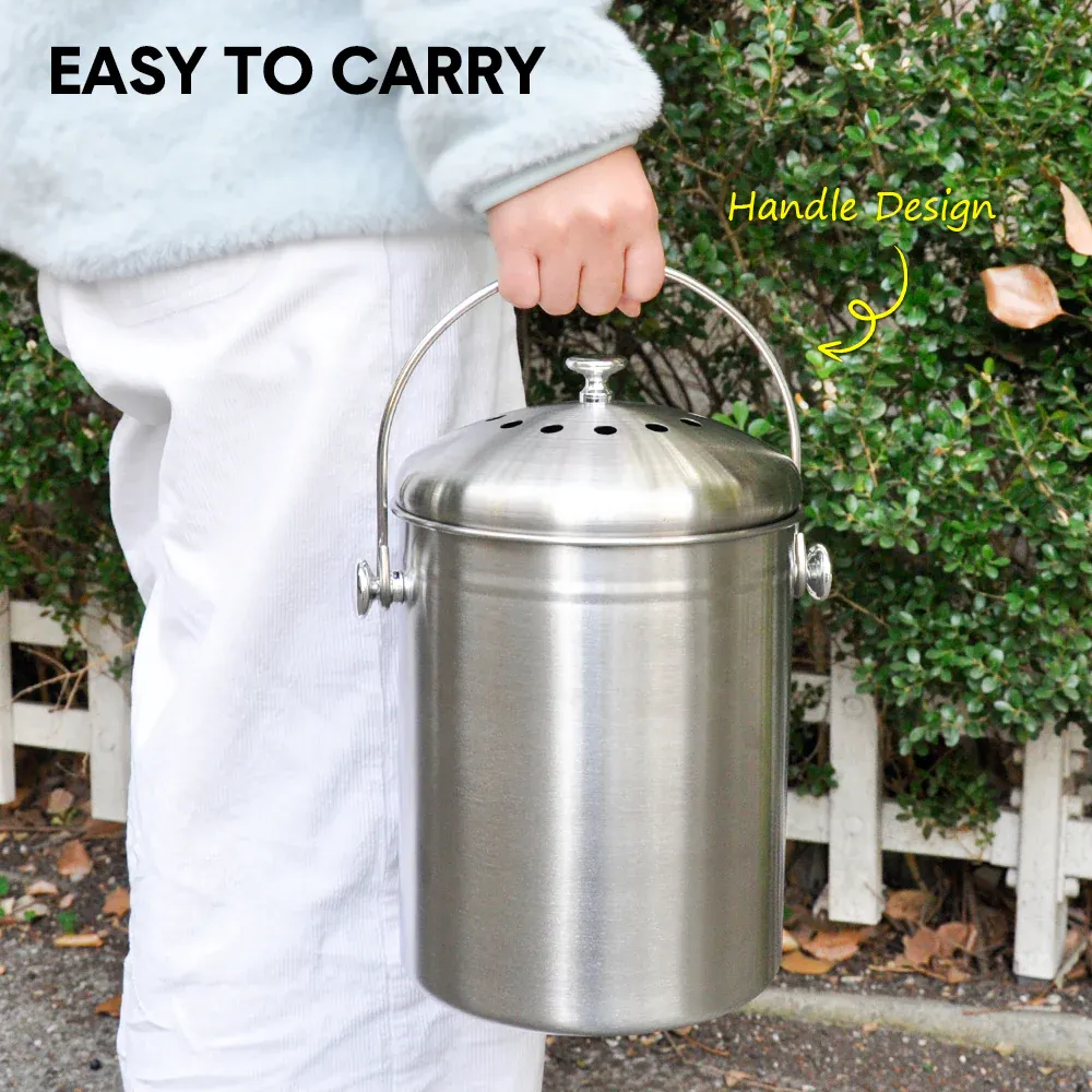 5L Compost Bin Kitchen Countertop Stainless Steel Composter Bucket with Lid and Charcoal Caddy Kitchen Waste Pail Odour Free and Easy Cleaning Silver โ image 4