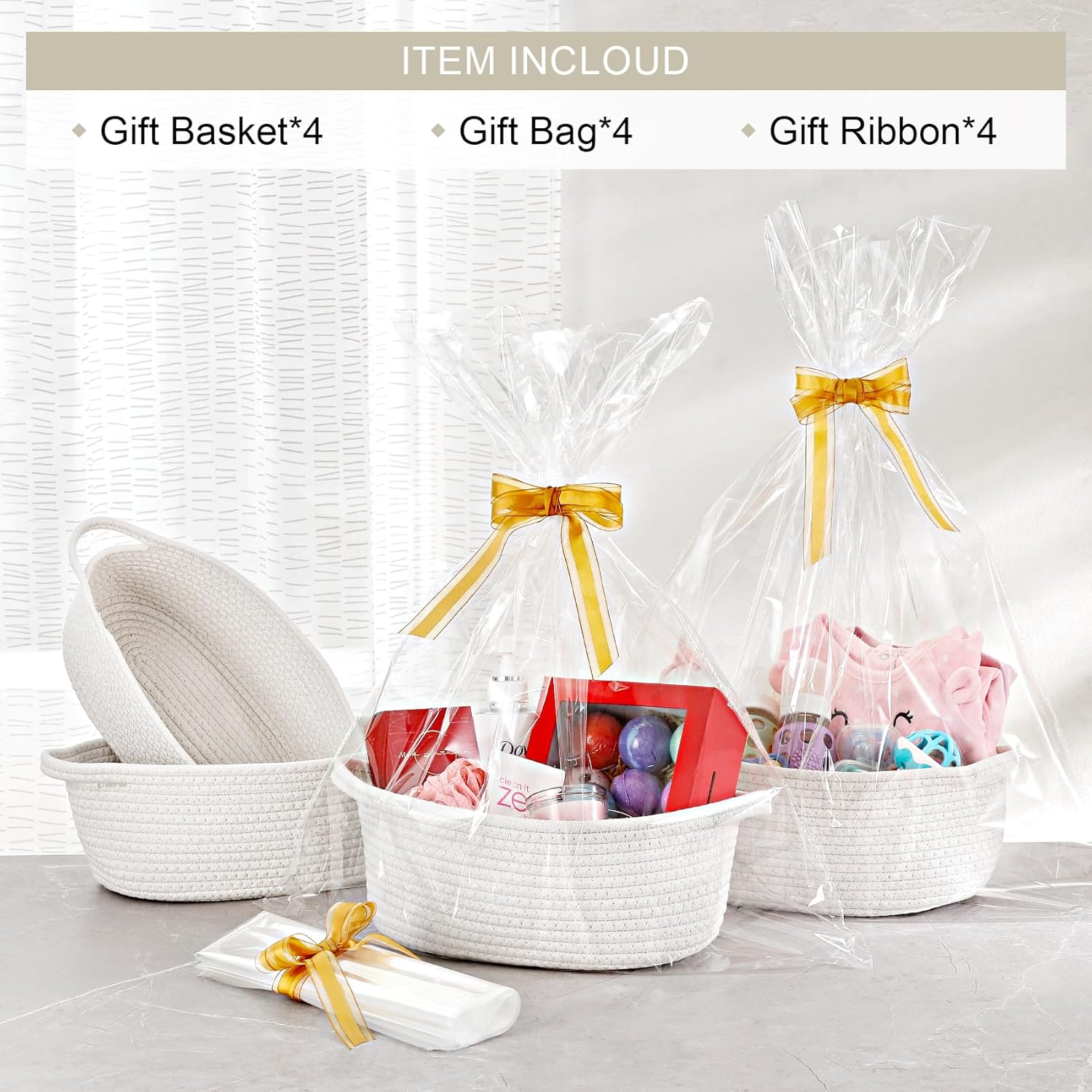 4 Pack Small Woven Basket with Handles, All 12"x 8"x 5", Cotton Rope Room Shelf Storage Basket, Cat Toys, Cute Baby Gift Bags and Ribbons for Nursery, Empty — image 2