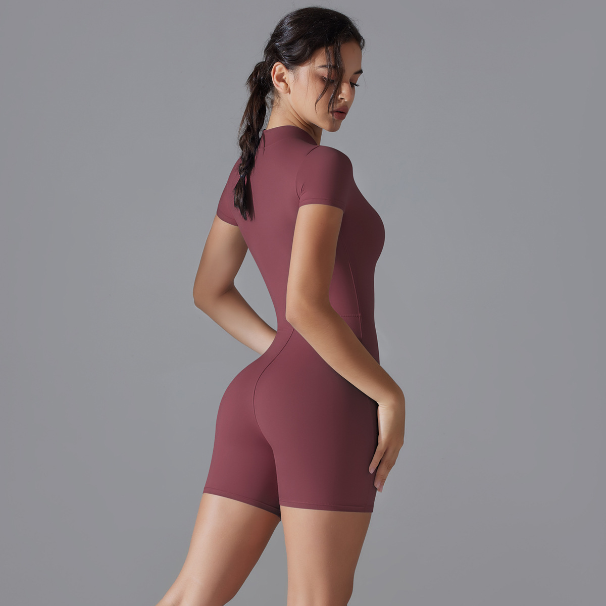 Dark Red Size M Women's Summer Zip-Up Bodysuit - Short Sleeve, High Stretch Yoga & Dance Outfit, Breathable Fitness Wear — image 4