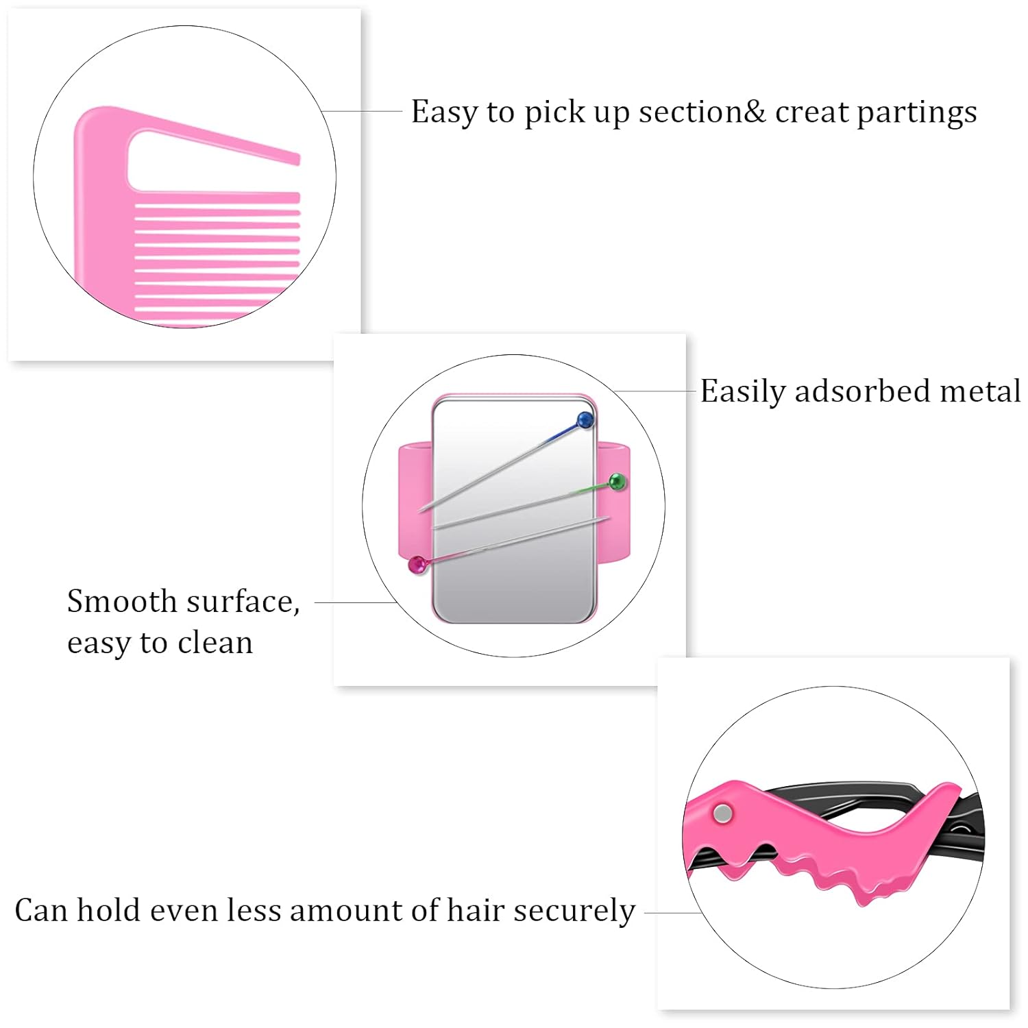 10 Pcs Hair Styling Tools Set Magnetic Gel & Silicone Wristband for Stylists and Braiders, Wrist Strap, 3 Rat Tail Combs and 6 Plastic Clips(Pink Wrist Strap) โ image 4