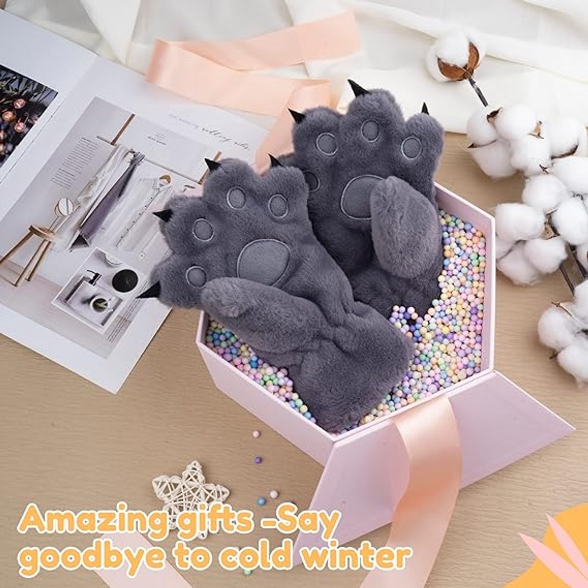 Gloves - 1 pair - Winter gloves - Cartoon gloves - Neckband - Children's gloves - Warm gloves - Plush gloves - One size(Gray) — image 2