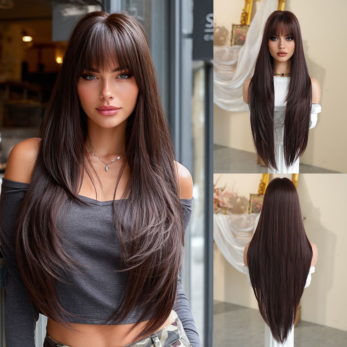 High-Density Synthetic Wig Heat-Resistant Wig Tea-Colored Wig Long Straight Wig - raspberry wine red - Size 85cm-33inch