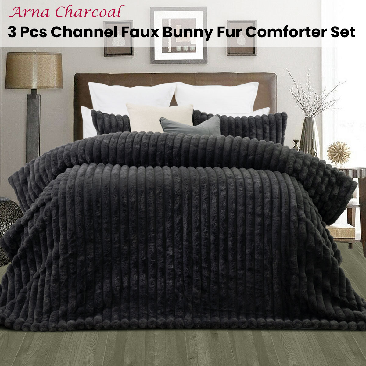 Jane Barrington Arna Charcoal 3 Pcs Channel Faux Bunny Fur Comforter Set King — image 2