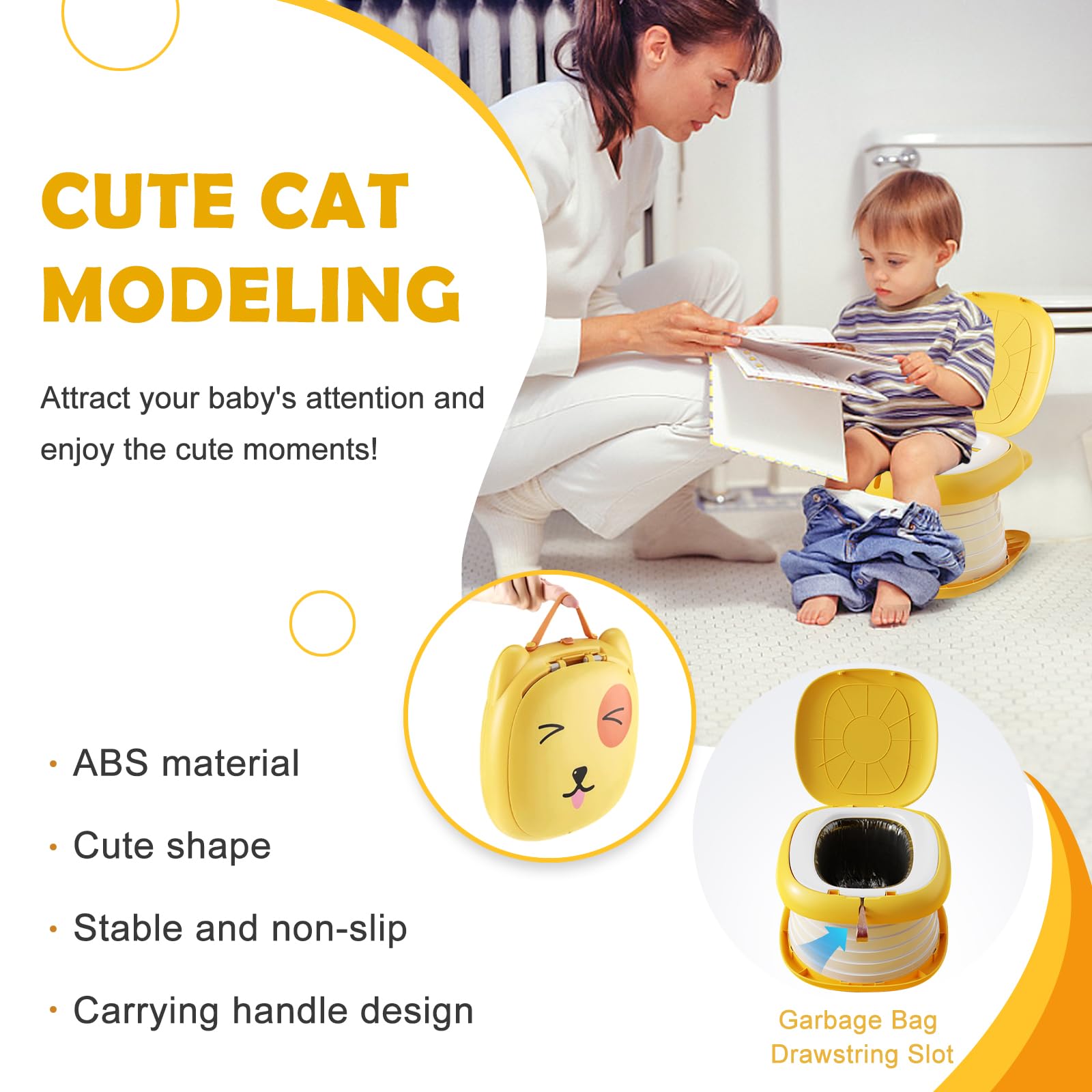 Portable Folding Potty for Toddlers – Compact Travel Toilet with Cat Design, Easy to Carry & Clean, Ideal for Home, Car, Camping, Outdoor Use (Yellow) — image 6