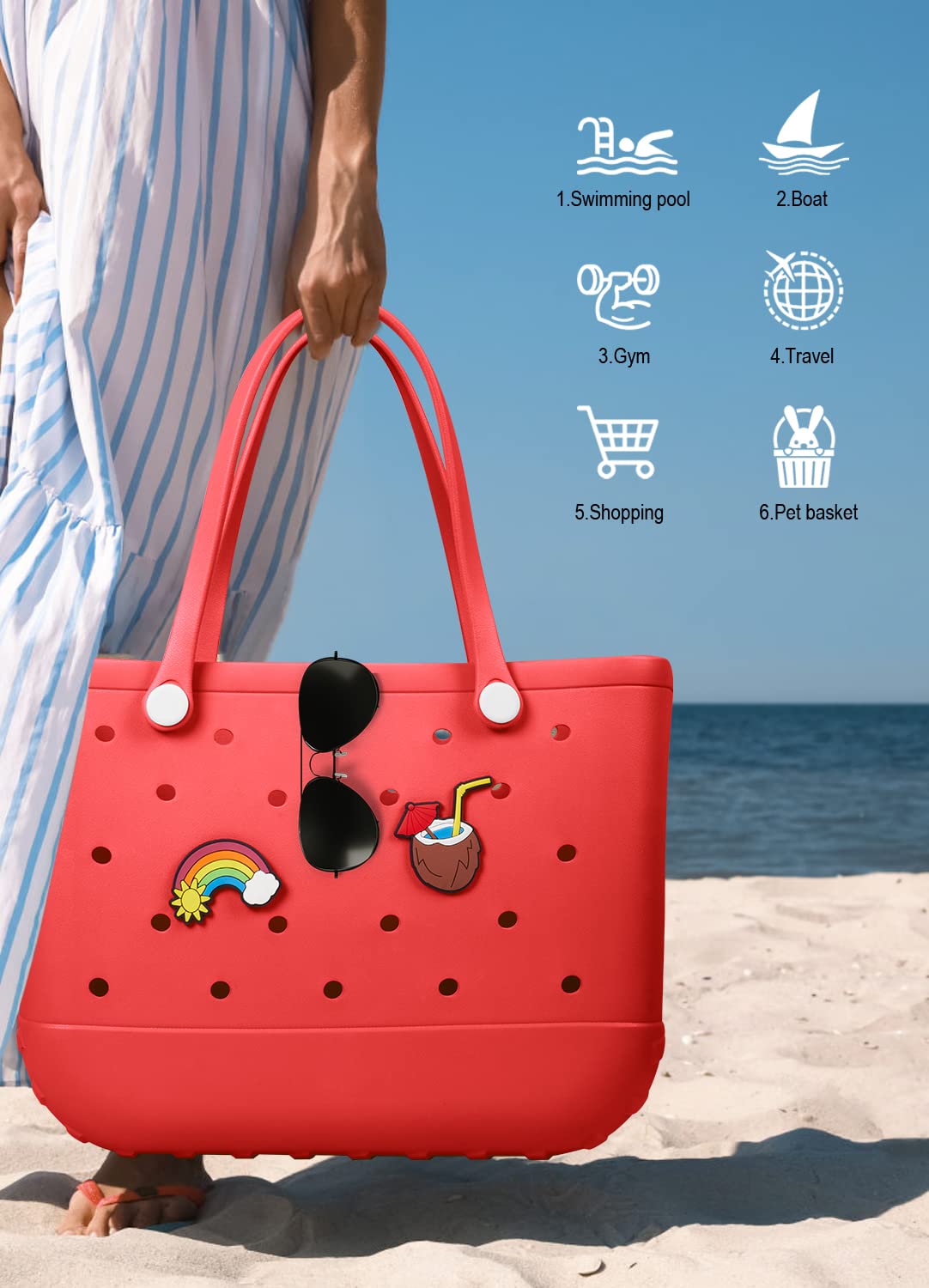 EVA Beach Tote Bag for Swimming, Pool & Travel – Waterproof Washable Rubber Handbag with 2 Random Charms, Lightweight & Sand-Resistant (Red) | Other Colors — image 4