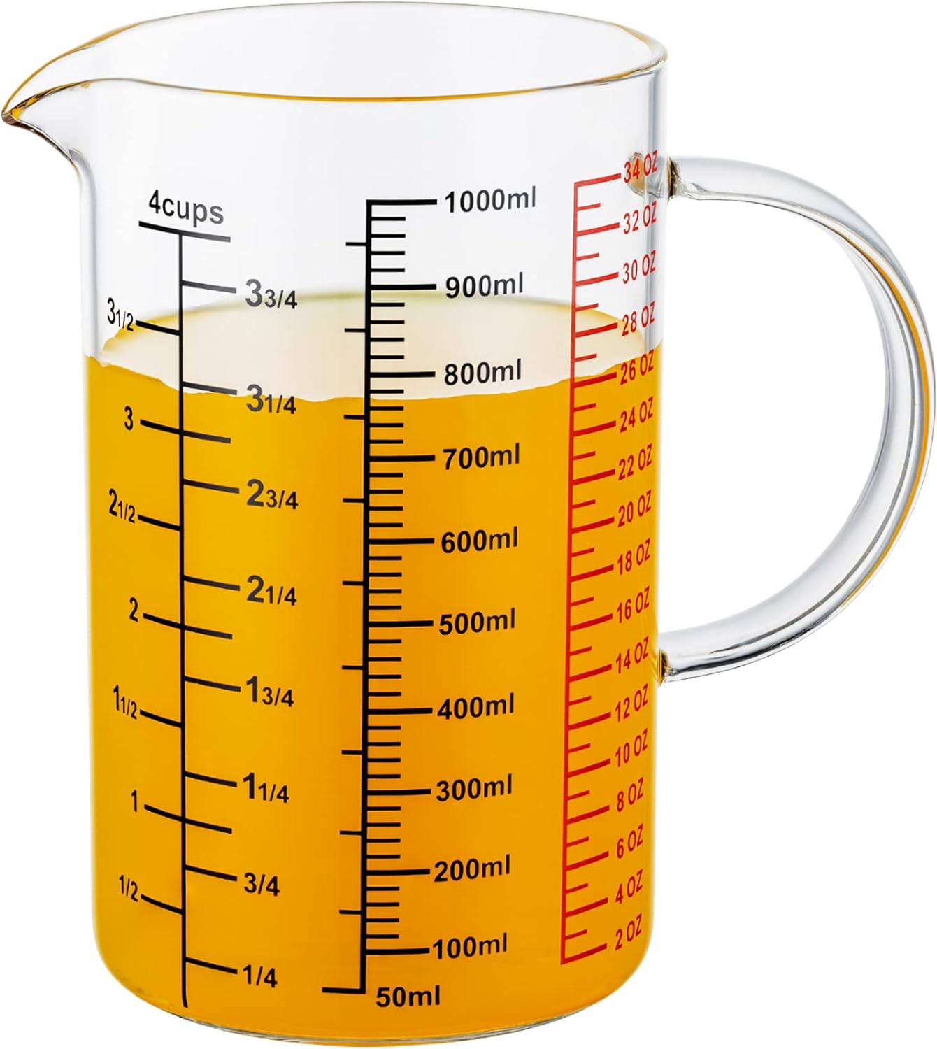 Glass Measuring Cup-[Insulated handle | V-Shaped Spout]-Made of High Borosilicate Glass Measuring Cup for Kitchen or Restaurant, Easy to Read, 1000 ML (32 Oz
