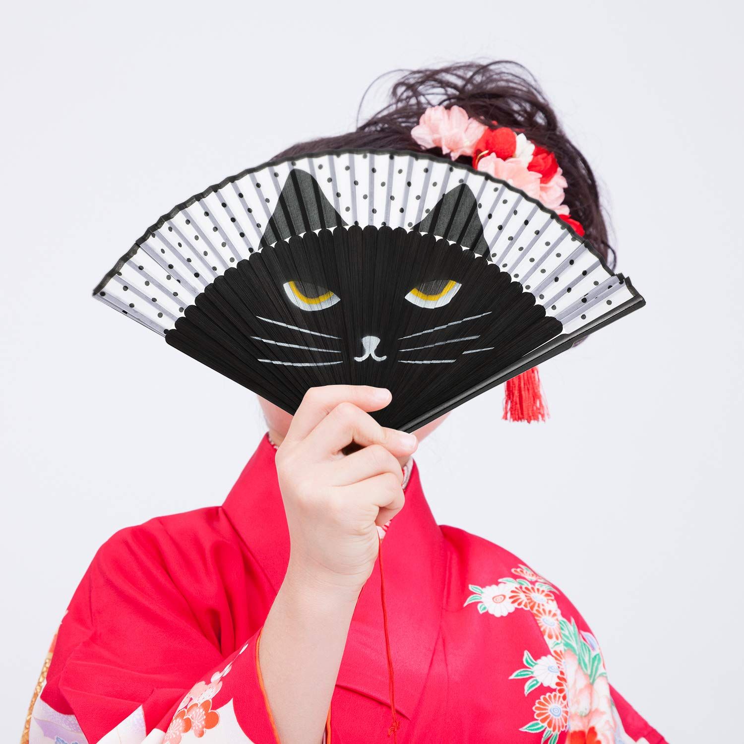 Cartoon Cat Hand Fans Folding Fan Hand Held Silk Fan Handheld Fan Black Cat Fan Women Foldable Fan with Store Bag — image 4