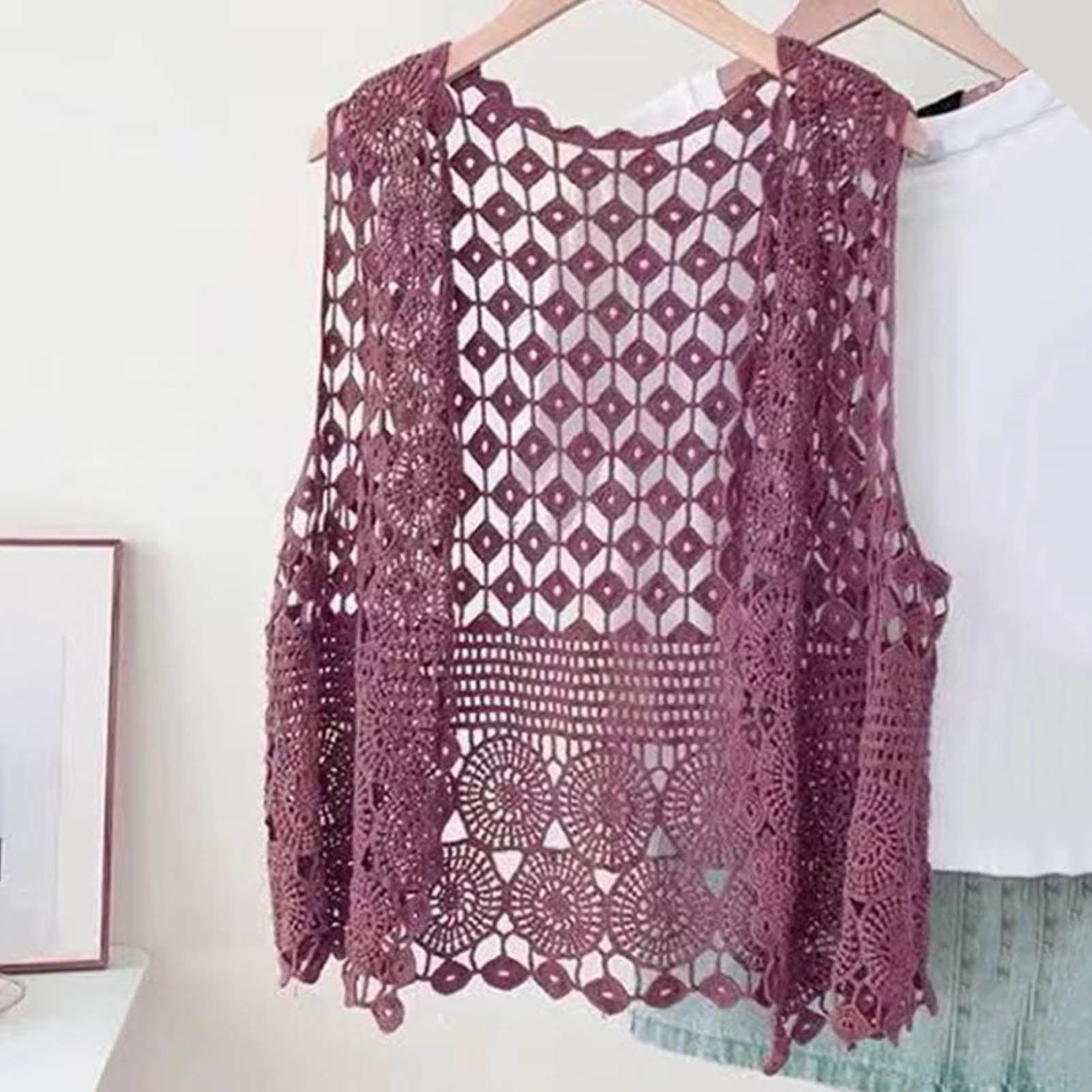 Women Vest Women's Sleeveless Knitted Hollow Vest Retro Crochet Cardigan for Summer Spring Autumn Sleeveless Cardigan One Size Purple โ image 2