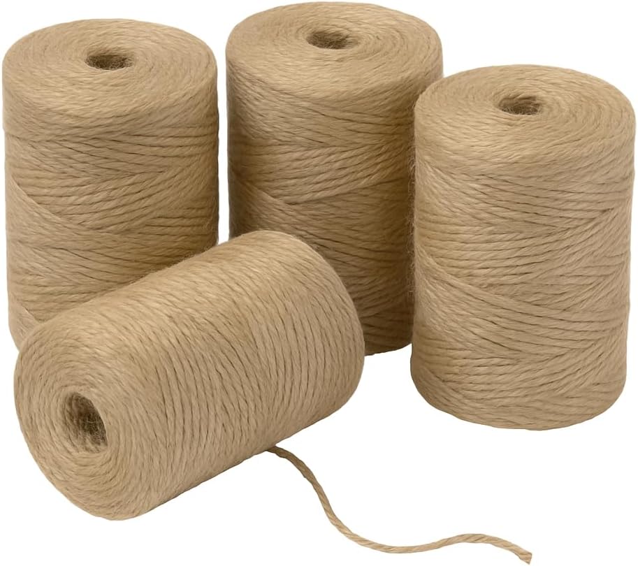 4 Pack Natural Jute Twine String (328 ft Each), 3-Ply Durable Brown Craft Twine for Gardening, Gift Wrapping, Flower Bouquet, Arts & Crafts, Hemp & Burlap