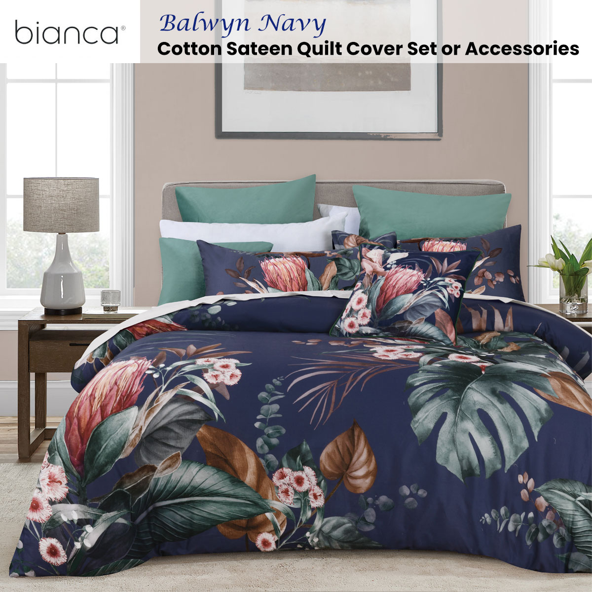 Bianca Balwyn Navy Cotton Sateen Botanical Quilt Cover Set Queen — image 2