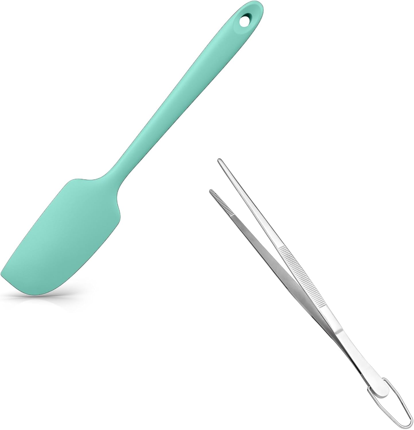 Small Mini Silicone Spatula: 9×2inch 600ºF Heat-Resistant Food-Grade Jar Scraper (Aqua Sky) and 8in Kitchen Plating Tweezer: 18/8 Stainless Steel Food-Grade