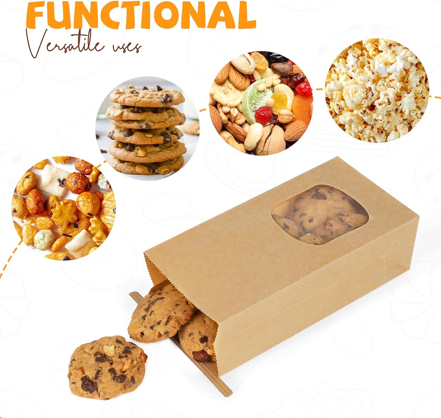 50 Pack Bakery Bags with Window, 3.9 × 2.3 × 8 Inches Tin Tie Tab Paper Cookie Bags Brown Small Gift Bag for Packaging Popcorn, Trail Mix, Treats, Snacks — image 4