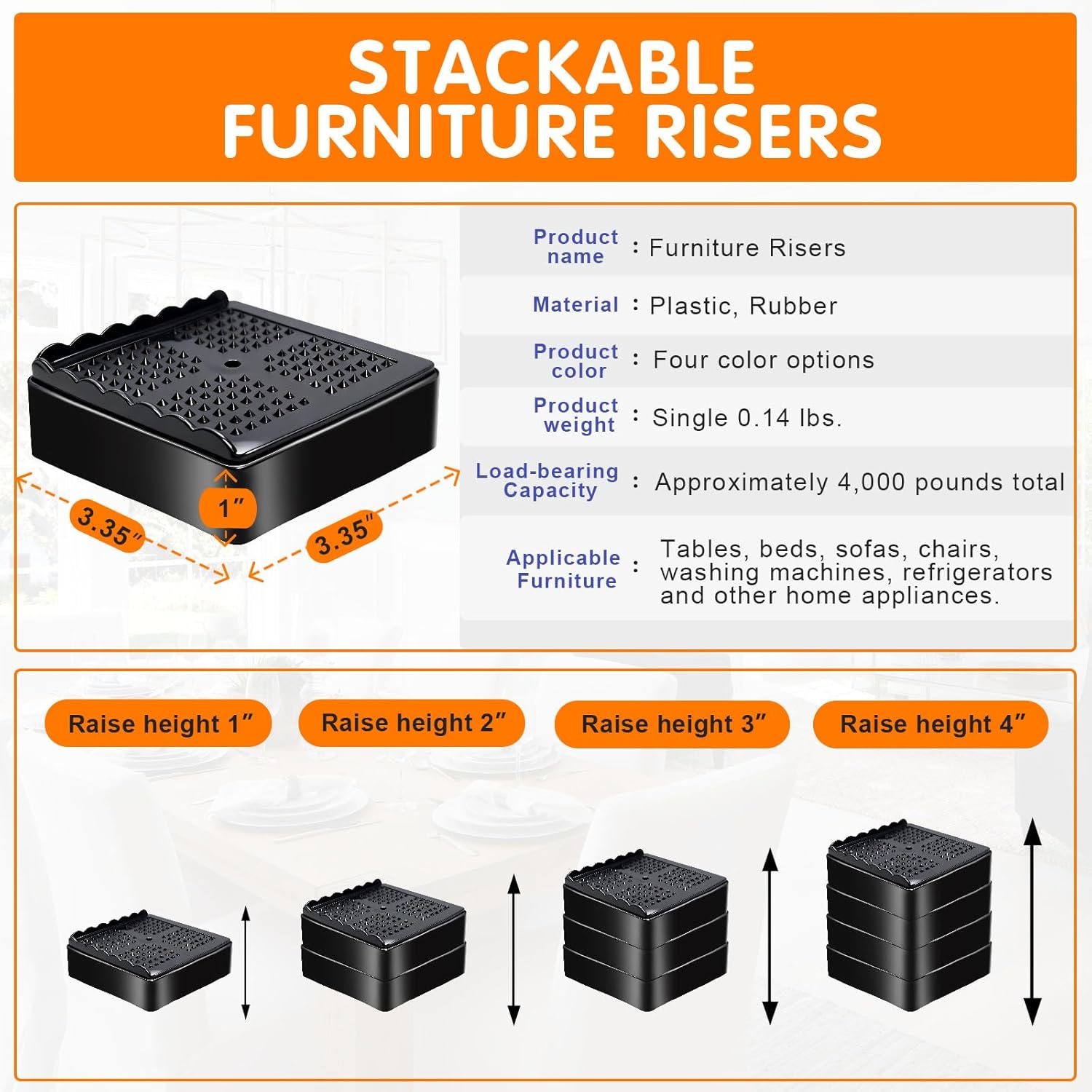 Furniture Risers, 4 Pack Bed Risers with Non-Slip Grip and Heavy Duty Support, 1 Inch 2 Inch 3 Inch 4 Inch Height Lift for Couch, Sofa, Table, Desk, Chair — image 2