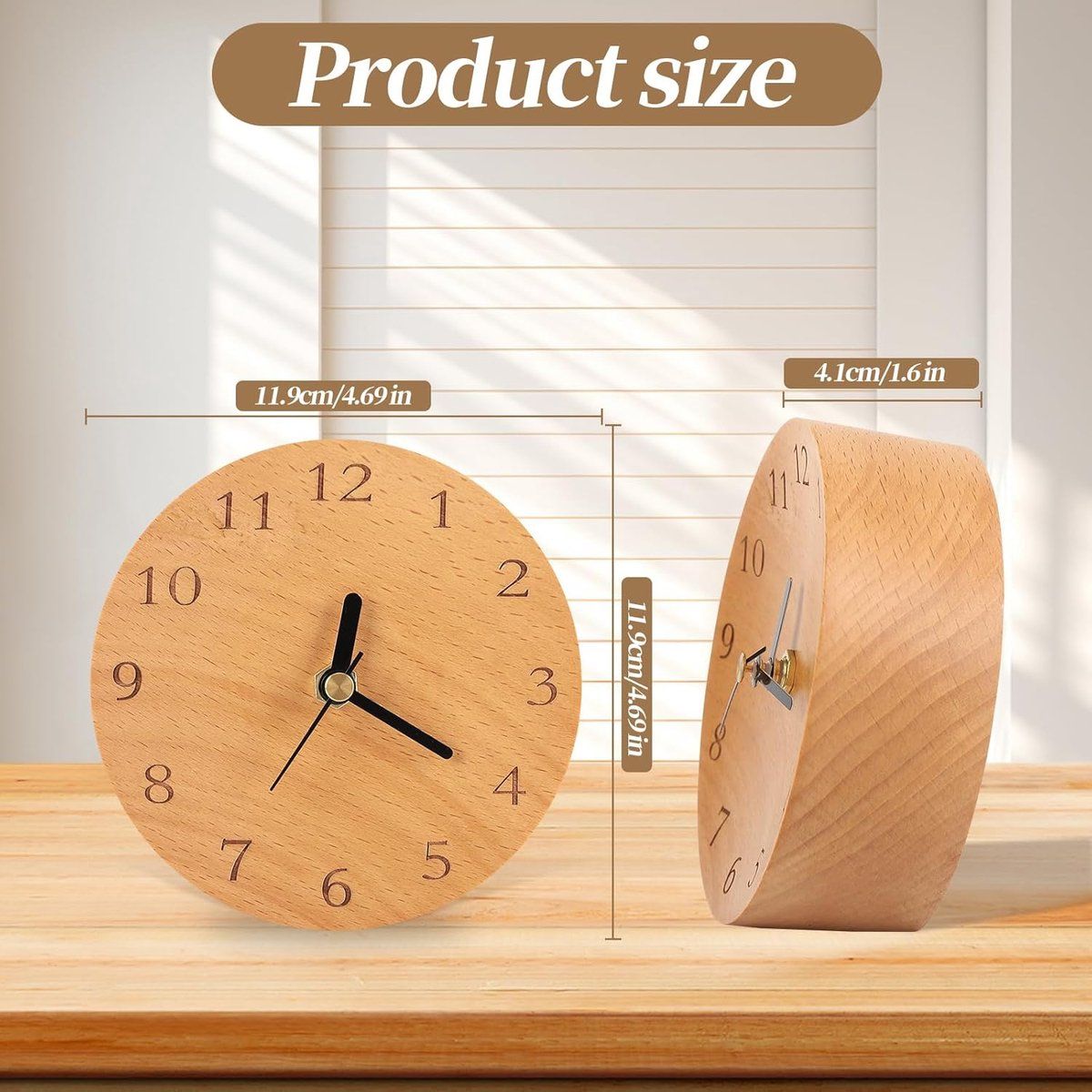 4.7-Inch Round Wooden Analog Desk Clock, Silent Non-Ticking Battery-Operated Table Clock — image 3