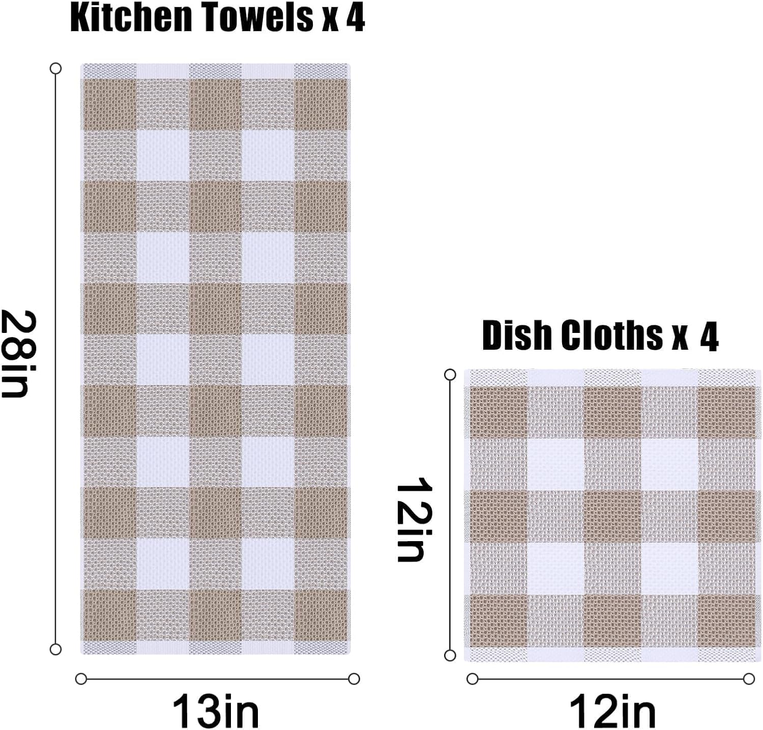 Homaxy 100% Cotton Waffle Weave Check Plaid Kitchen Towels, 13 x 28 Inches, 4-Pack, White & Black and Kitchen Towels and Dishcloths Set, 12 x 12 and 13 x 28 — image 6