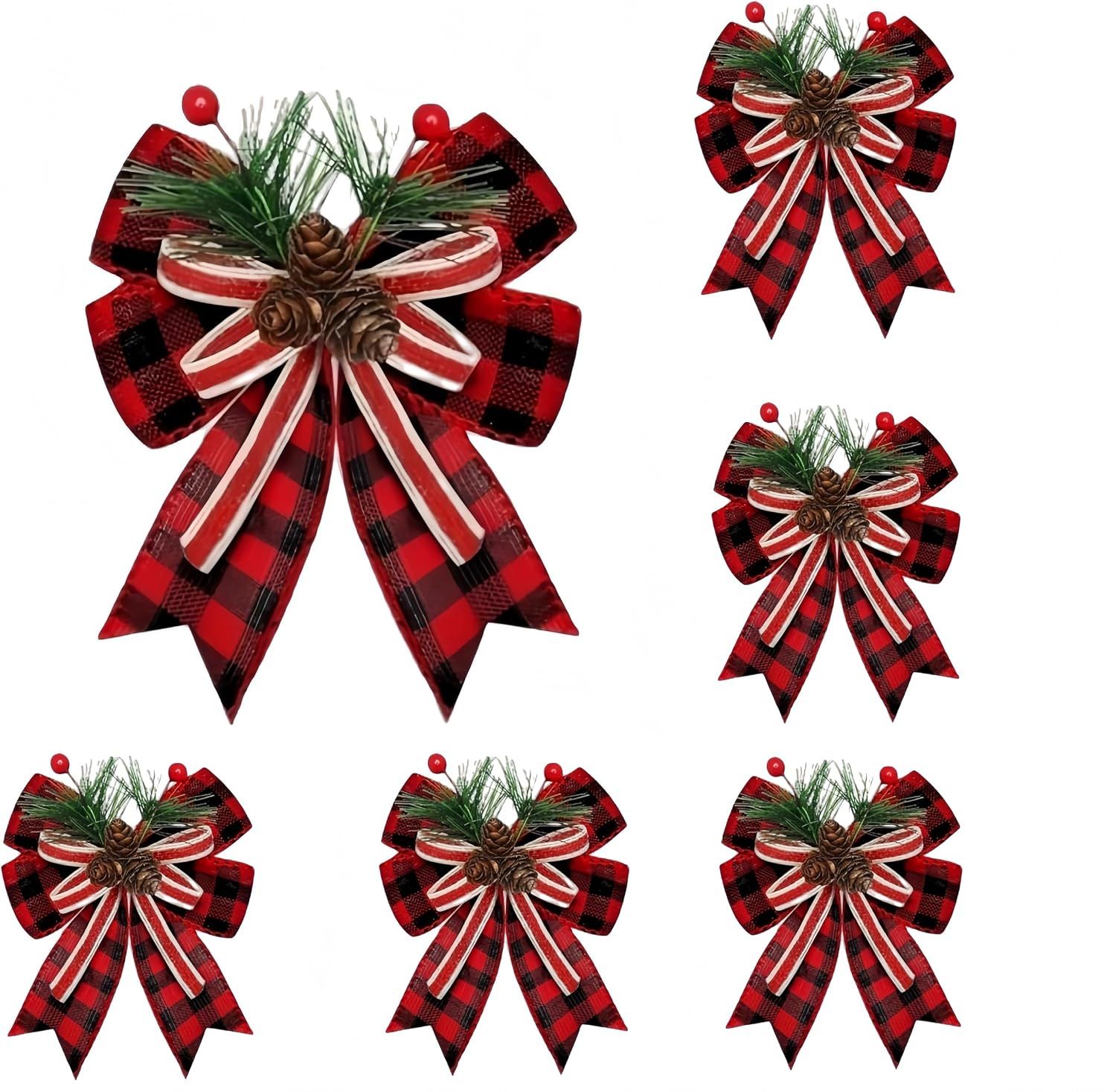 2026 New 6Pcs Christmas Burlap Plaid Bow with Pine Cones Pine Needles Xmas Checkered Ribbon Bow Christmas Tree Decoration Bows for Christmas Parties Indoor