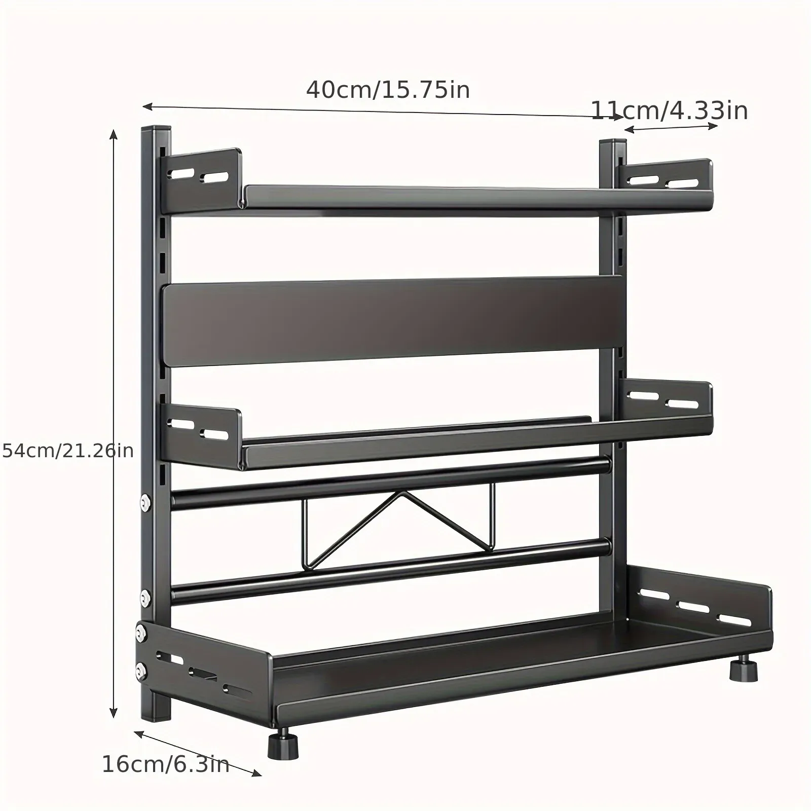 3-Tier Black Stainless Steel Spice Rack Kitchen Condiment Storage Shelf 40x16x54cm — image 3