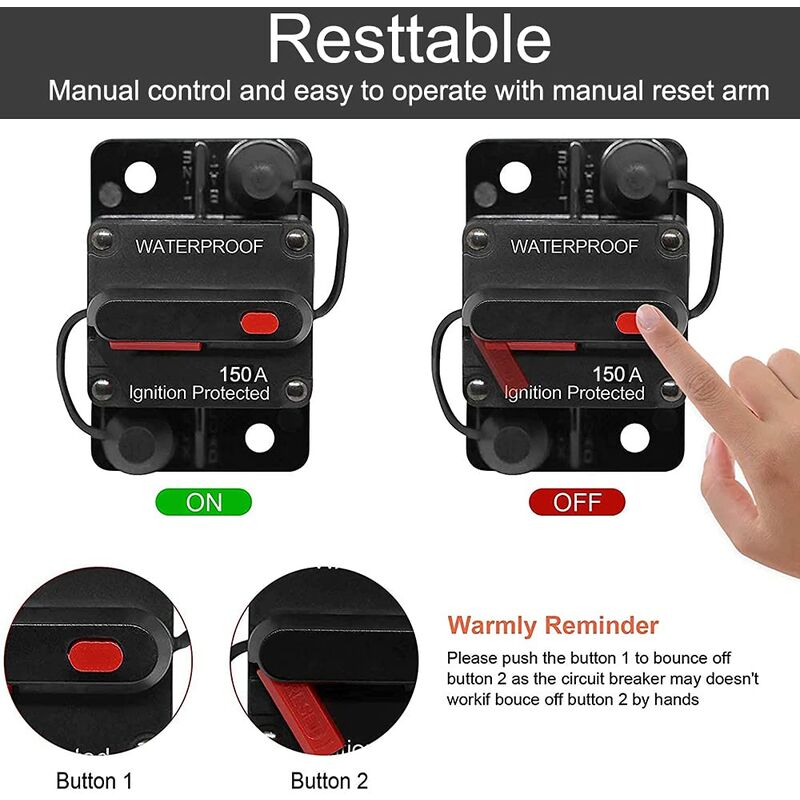 Car Circuit Breaker 30A - 150A, Dc 12V - 48V Waterproof Circuit Breaker With Manual Reset For Auto Car Marine Boat Bike — image 4
