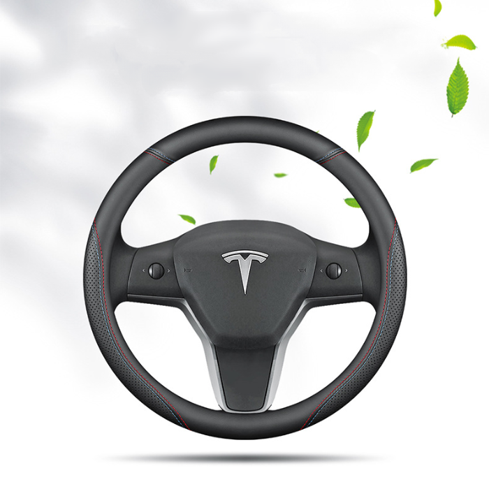 Fits Tesla model3/y/modelx/s steering wheel cover - Tesla special D-shape (two-color line) with logo - 36cm/1pc, Made of Fabric โ image 2