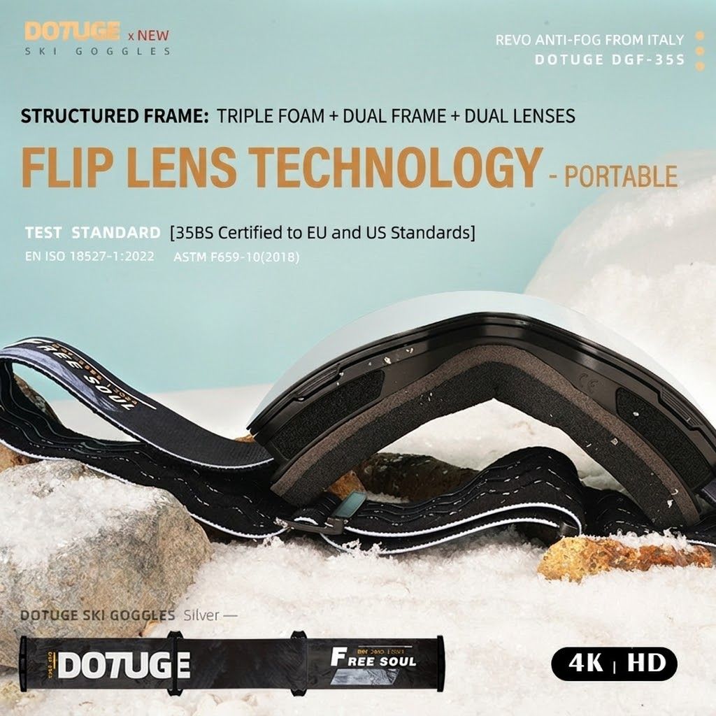 DOTUGE Magnetic Flip-Up Ski Goggles with Dual Frame Design, Anti-Fog HD Lens, Impact-Resistant TPU Frame, and Adjustable Strap for Winter Snow Sports (IceBlue) — image 6