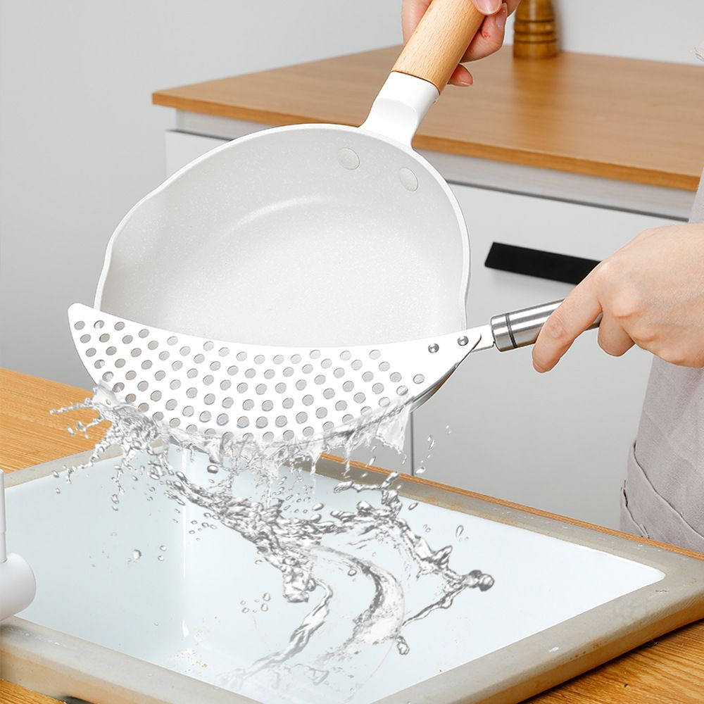 2 pack Pan Pot Strainer with Handle Stainless Steel Hand Held Crescent Drainer for Spaghetti Fry Noodles Fruit Vegetable Pasta Strainer Heavy Duty Food — image 3