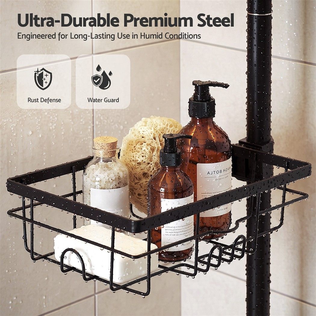 Artiss Tension Pole Shower Caddy Steel Corner Bathroom Shelf Black โ image 6