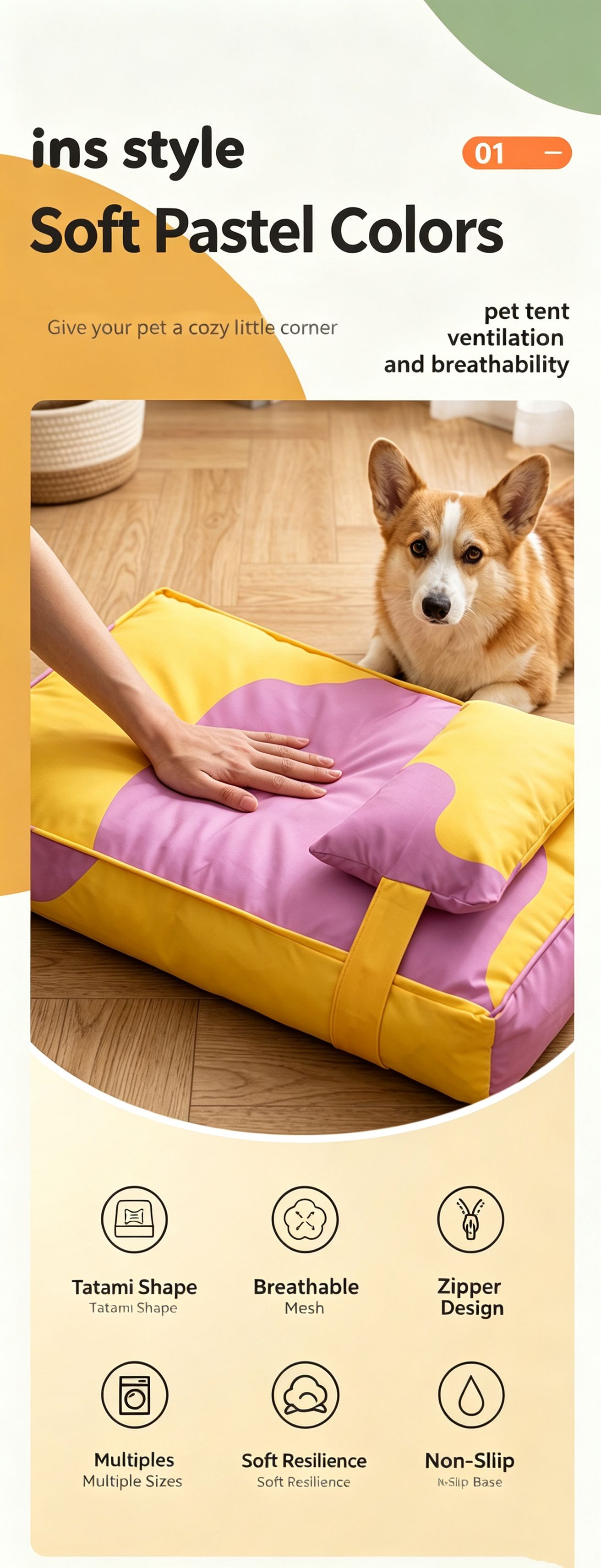 Three piece set of four season warm pet tatami pillows,Extra Large Purple Yellow — image 3